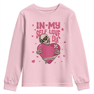 Funny Anti Valentine's Day Youth Sweatshirt In My Self Love Era Skeleton Hearts TS11 Light Pink Print Your Wear