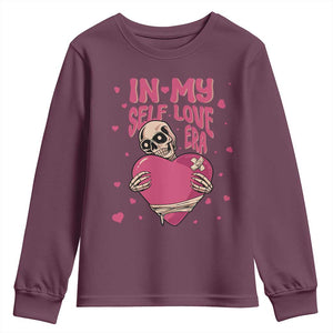 Funny Anti Valentine's Day Youth Sweatshirt In My Self Love Era Skeleton Hearts TS11 Maroon Print Your Wear