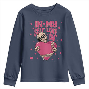 Funny Anti Valentine's Day Youth Sweatshirt In My Self Love Era Skeleton Hearts TS11 Navy Print Your Wear