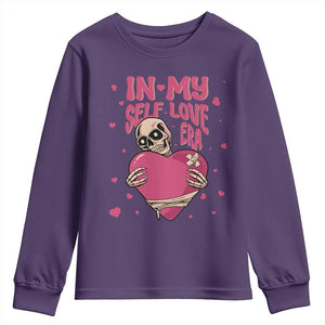 Funny Anti Valentine's Day Youth Sweatshirt In My Self Love Era Skeleton Hearts TS11 Purple Print Your Wear