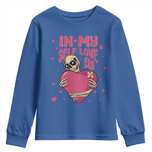 Funny Anti Valentine's Day Youth Sweatshirt In My Self Love Era Skeleton Hearts TS11 Royal Blue Print Your Wear