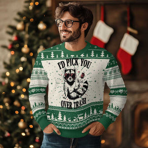 Funny Valentine's Day Racoon Ugly Christmas Sweater I'd Pick You Over Trash Rose TS11 Green Print Your Wear