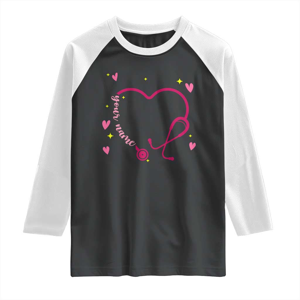 Personalized Valentine's Day Nursing Raglan Shirt Custom Name Nurse Doctor Heart Stethoscope TS11 Black White Print Your Wear