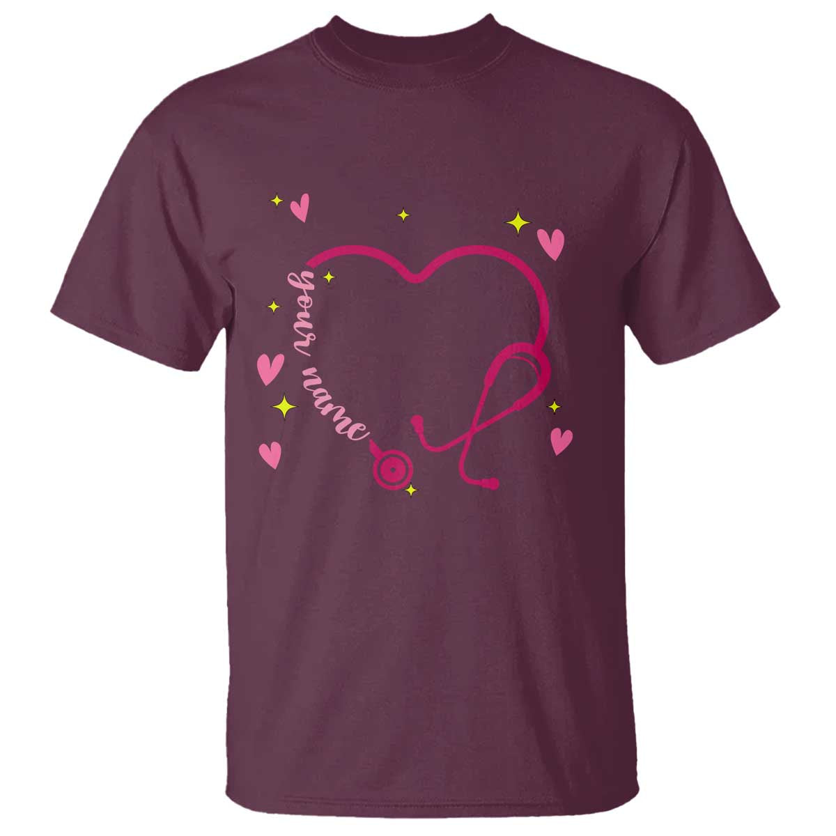 Personalized Valentine's Day Nursing T Shirt Custom Name Nurse Doctor Heart Stethoscope TS11 Maroon Print Your Wear