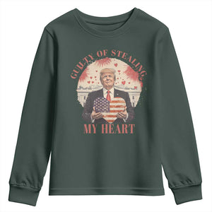 Funny Trump Valentine's Day Youth Sweatshirt Guilty Of Stealing My Heart American USA Heart TS11 Dark Forest Green Print Your Wear