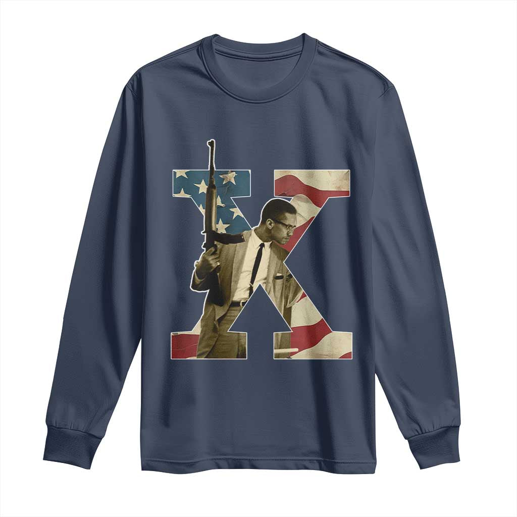 Malcolm X Long Sleeve Shirt Black History Leaders American Flag TS11 Navy Print Your Wear