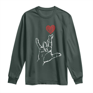 Funny Valentine's Day I Love You Hand Sign ASL Heart Long Sleeve Shirt TS11 Dark Forest Green Print Your Wear