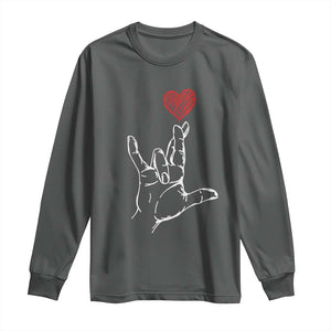 Funny Valentine's Day I Love You Hand Sign ASL Heart Long Sleeve Shirt TS11 Dark Heather Print Your Wear