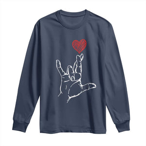 Funny Valentine's Day I Love You Hand Sign ASL Heart Long Sleeve Shirt TS11 Navy Print Your Wear