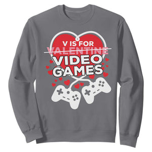 Funny Valentine's Day Gaming Sweatshirt V Is For Video Games Big Heart TS11 Charcoal Print Your Wear