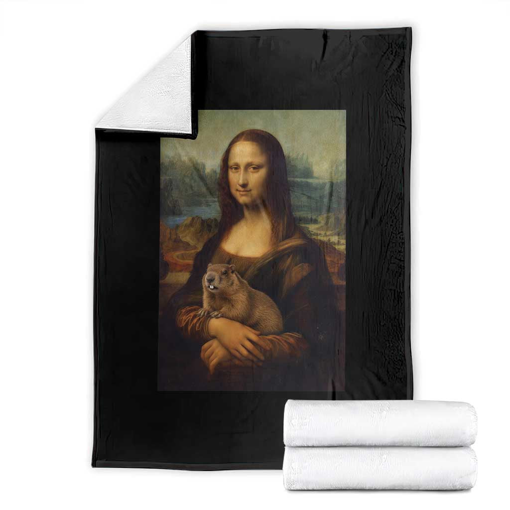 Mona Lisa Holding Groundhog Parody Painting Throw Blanket Funny Groundhog Day TS11 Black Print Your Wear