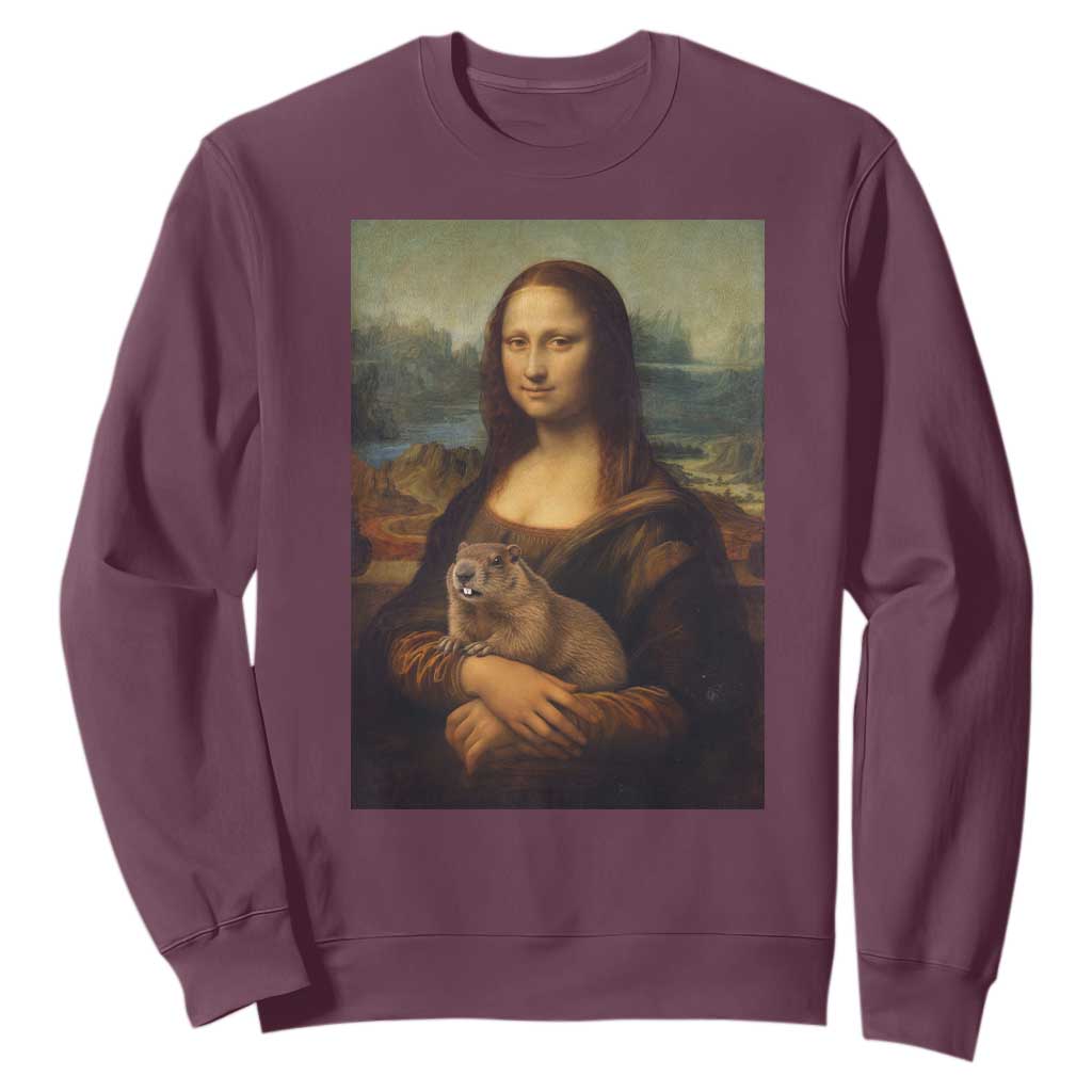 Mona Lisa Holding Groundhog Parody Painting Sweatshirt Funny Groundhog Day TS11 Maroon Print Your Wear
