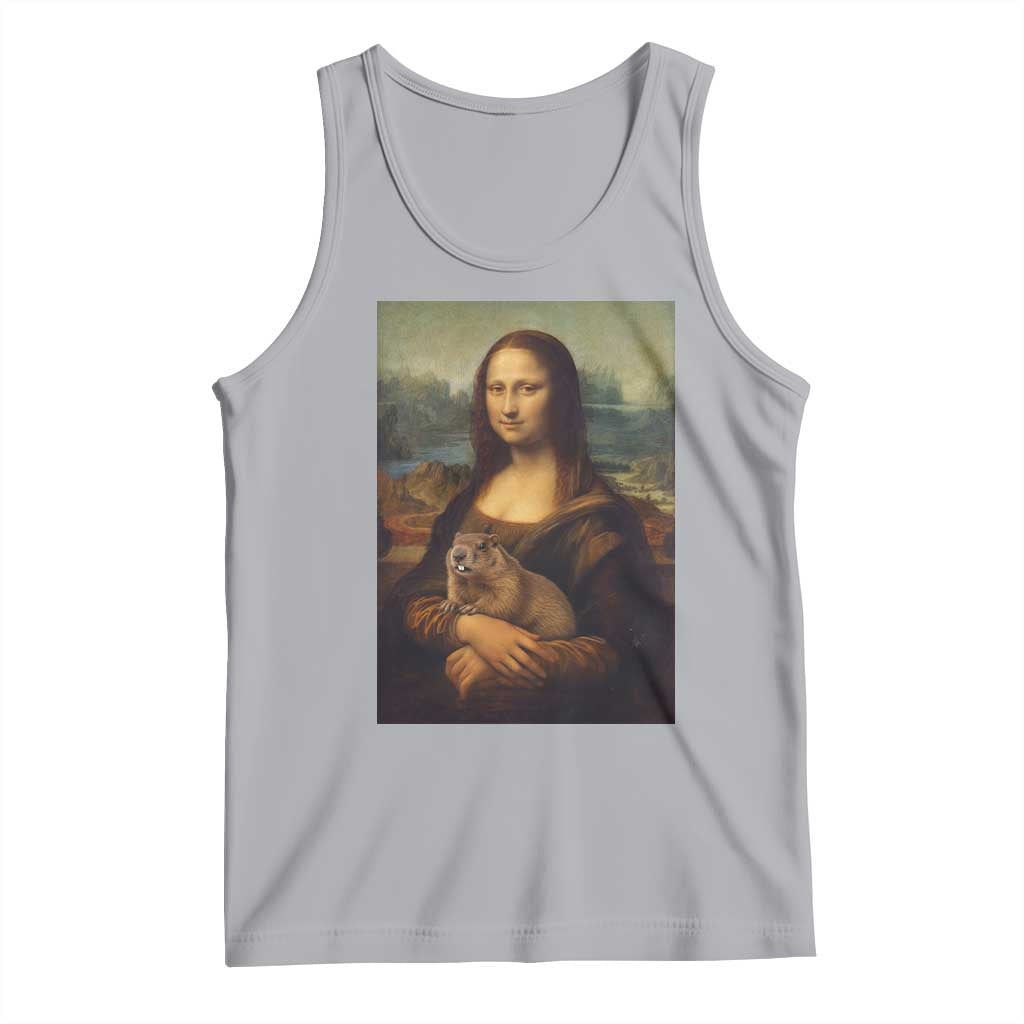 Mona Lisa Holding Groundhog Parody Painting Tank Top Funny Groundhog Day TS11 Athletic Heather Print Your Wear
