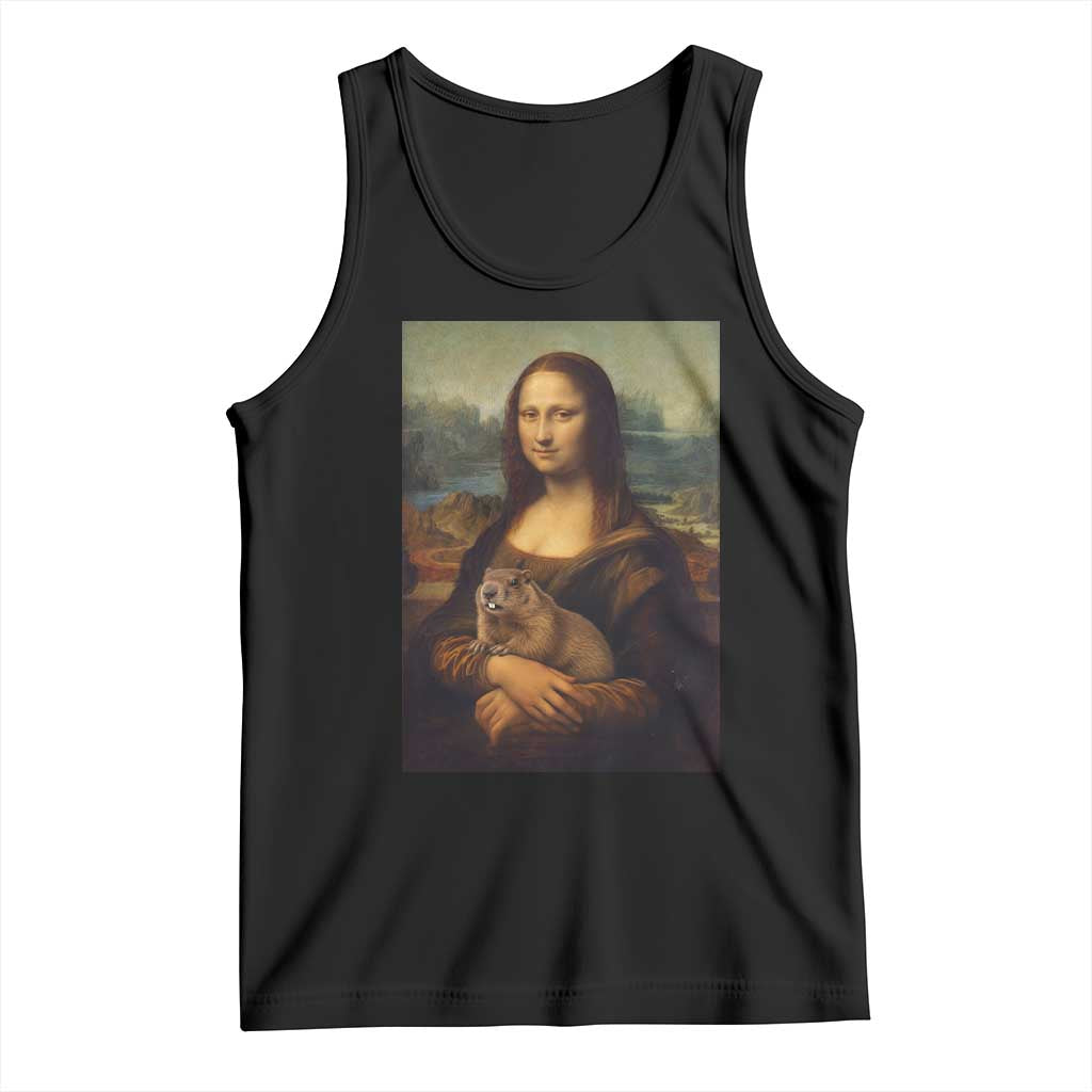 Mona Lisa Holding Groundhog Parody Painting Tank Top Funny Groundhog Day TS11 Black Print Your Wear