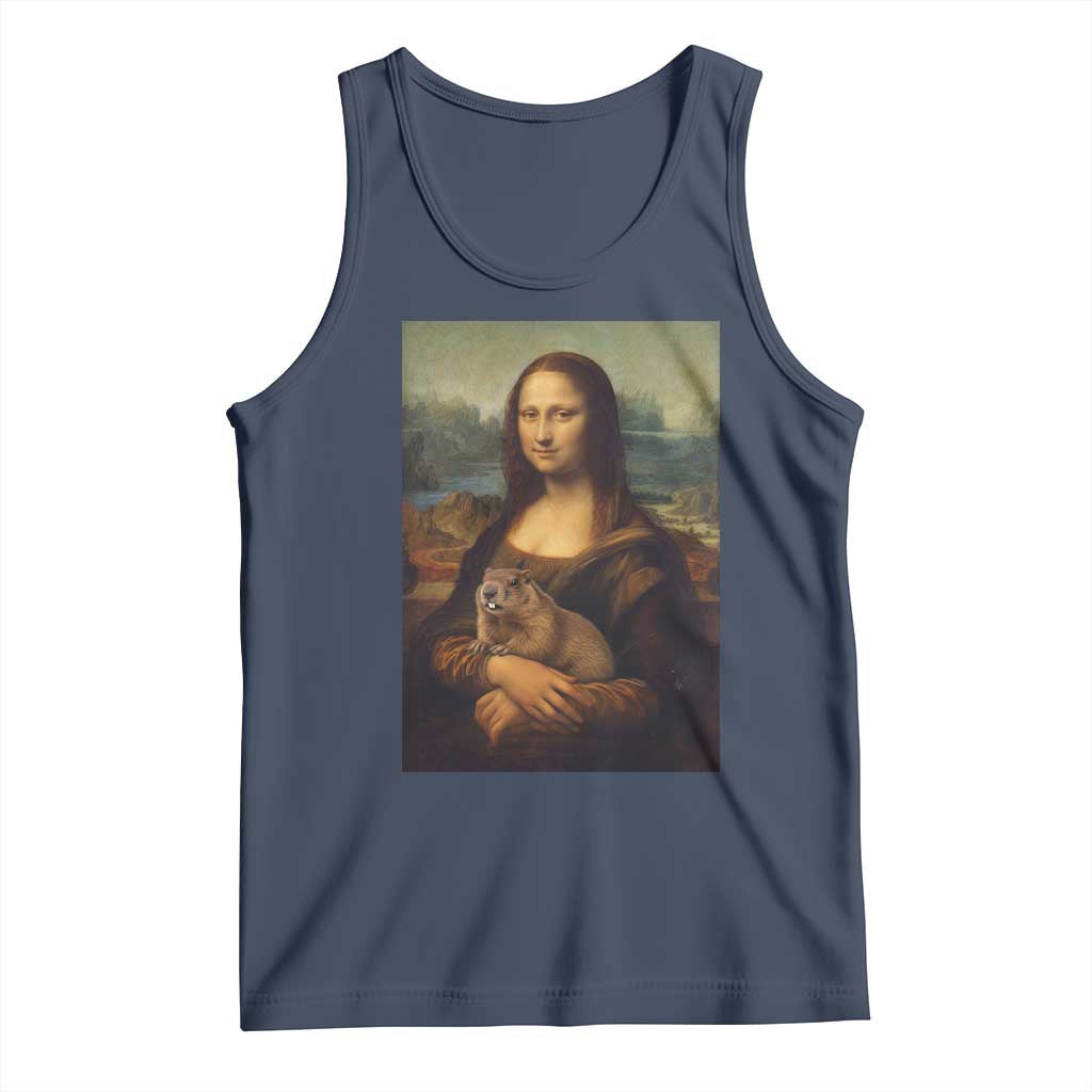 Mona Lisa Holding Groundhog Parody Painting Tank Top Funny Groundhog Day TS11 Navy Print Your Wear