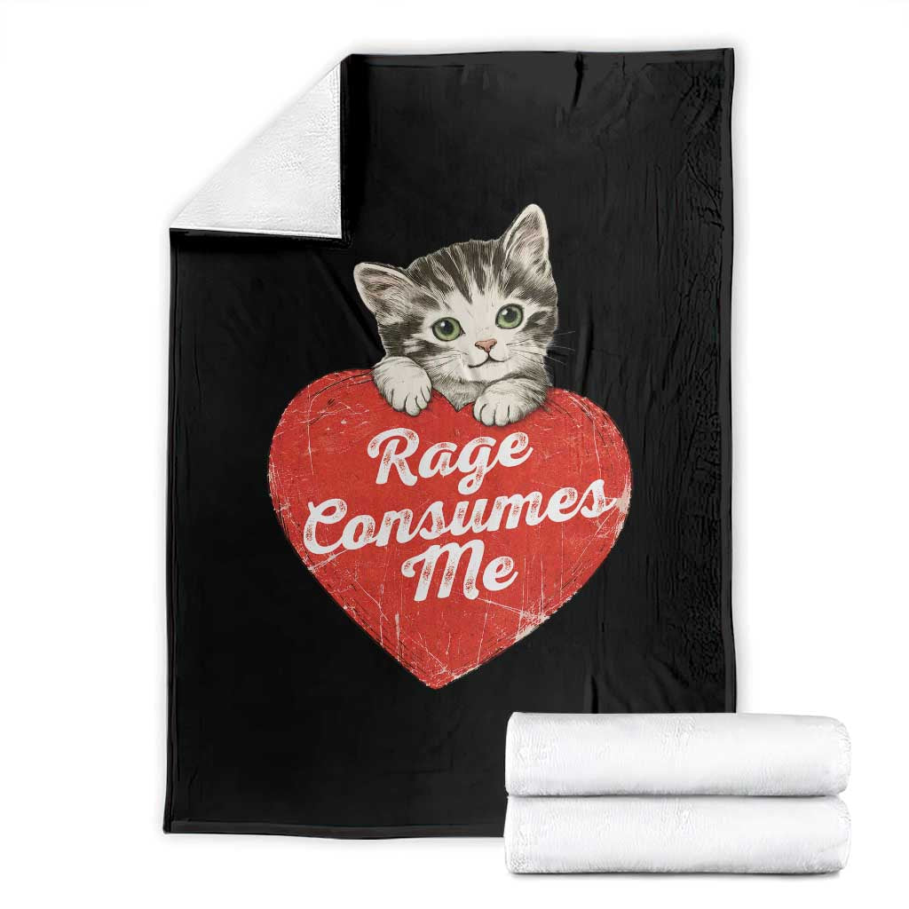 Funny Cat Rage Consumes Me Throw Blanket 70s Retro Kitten with Heart