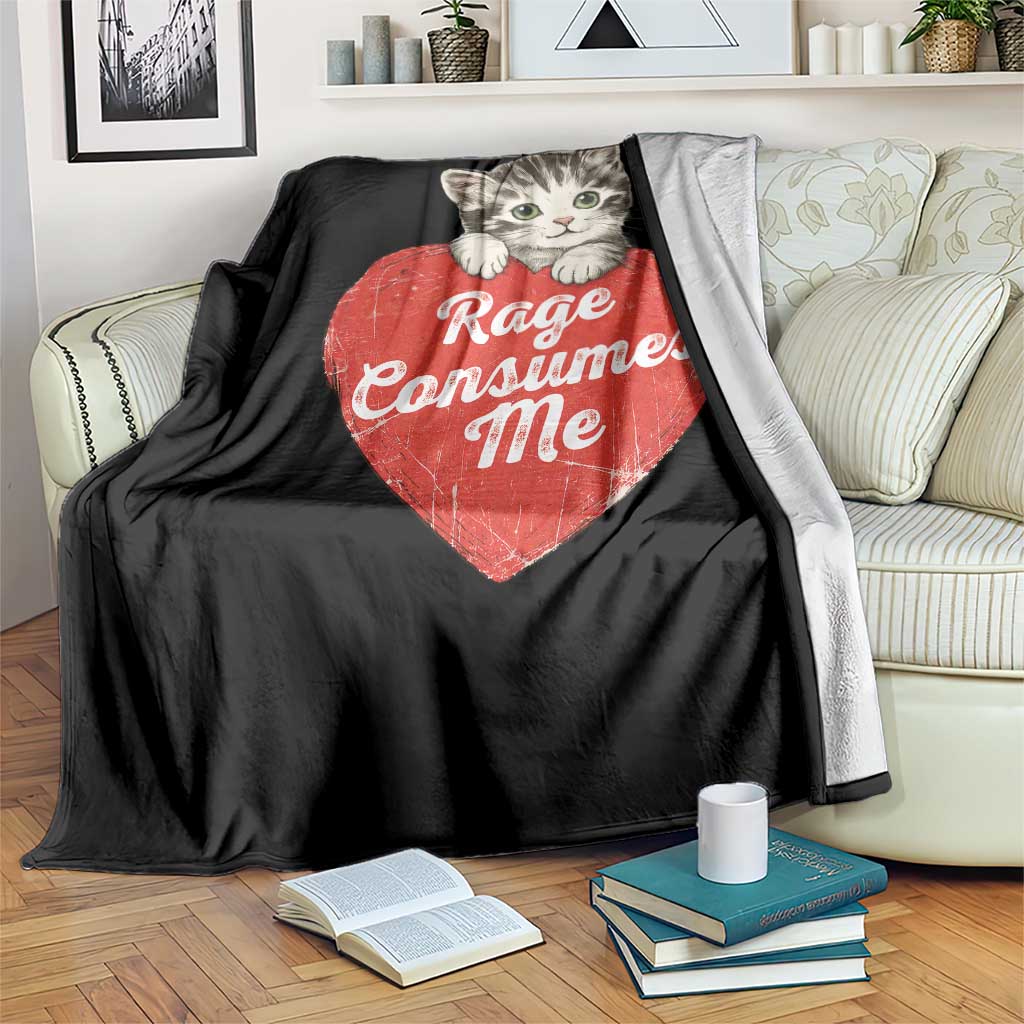 Funny Cat Rage Consumes Me Throw Blanket 70s Retro Kitten with Heart