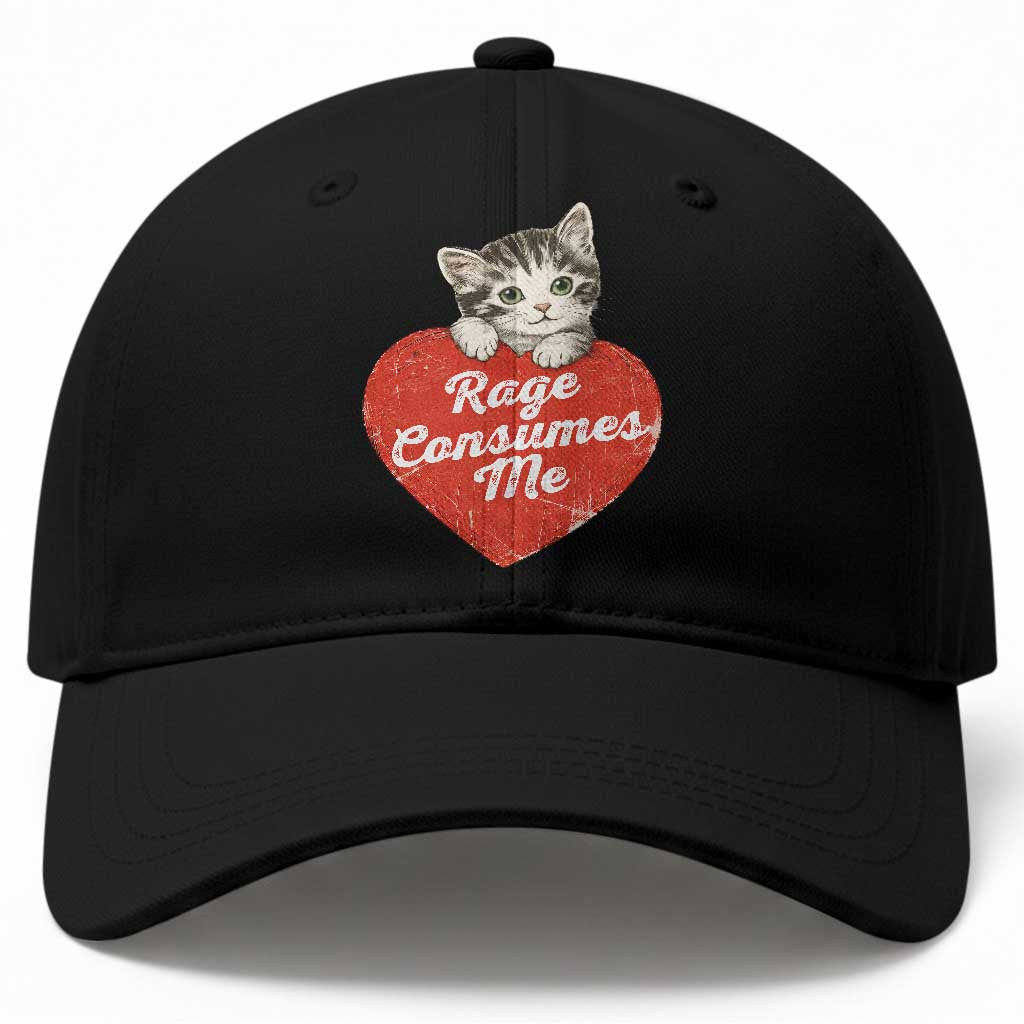 Funny Cat Rage Consumes Me Baseball Cap 70s Retro Kitten with Heart