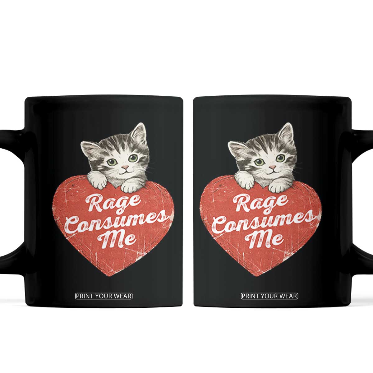 Funny Cat Rage Consumes Me Coffee Mug 70s Retro Kitten with Heart