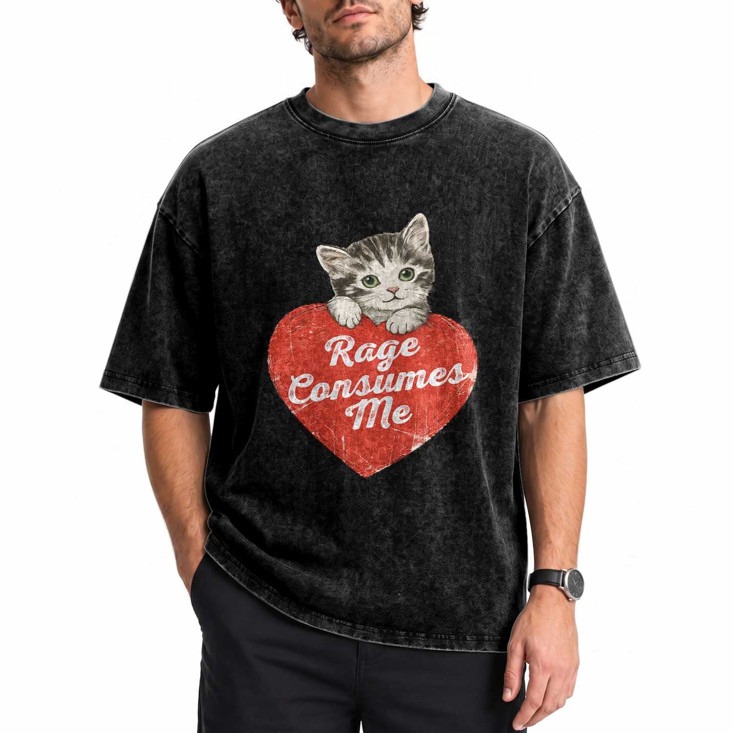 Funny Cat Rage Consumes Me Washed Cotton T-Shirt 70s Retro Kitten with Heart