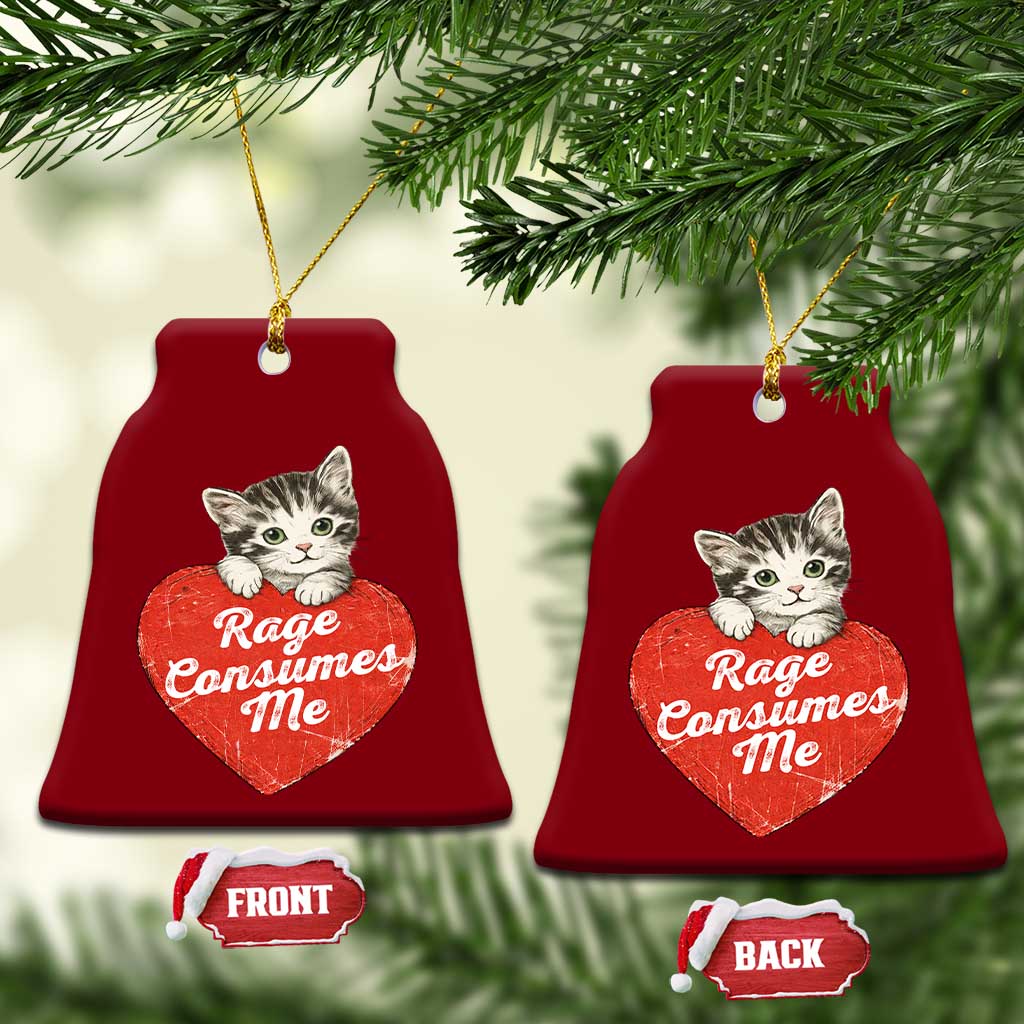 Funny Cat Rage Consumes Me Ceramic Ornament 70s Retro Kitten with Heart