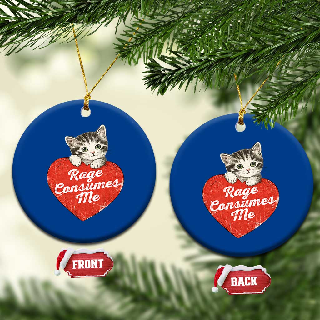 Funny Cat Rage Consumes Me Ceramic Ornament 70s Retro Kitten with Heart