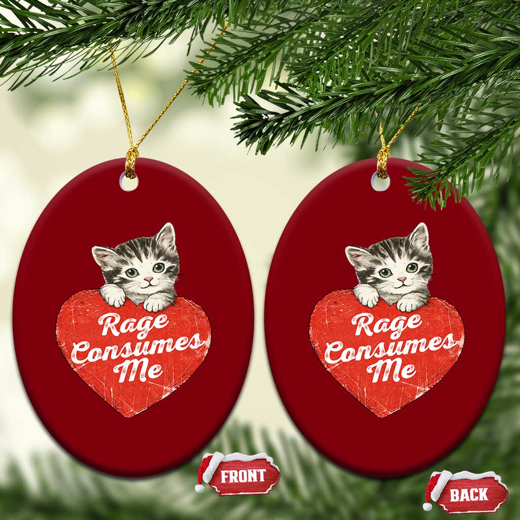 Funny Cat Rage Consumes Me Ceramic Ornament 70s Retro Kitten with Heart