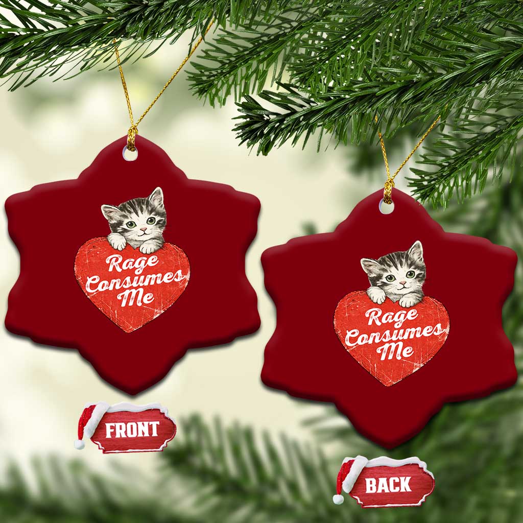 Funny Cat Rage Consumes Me Ceramic Ornament 70s Retro Kitten with Heart