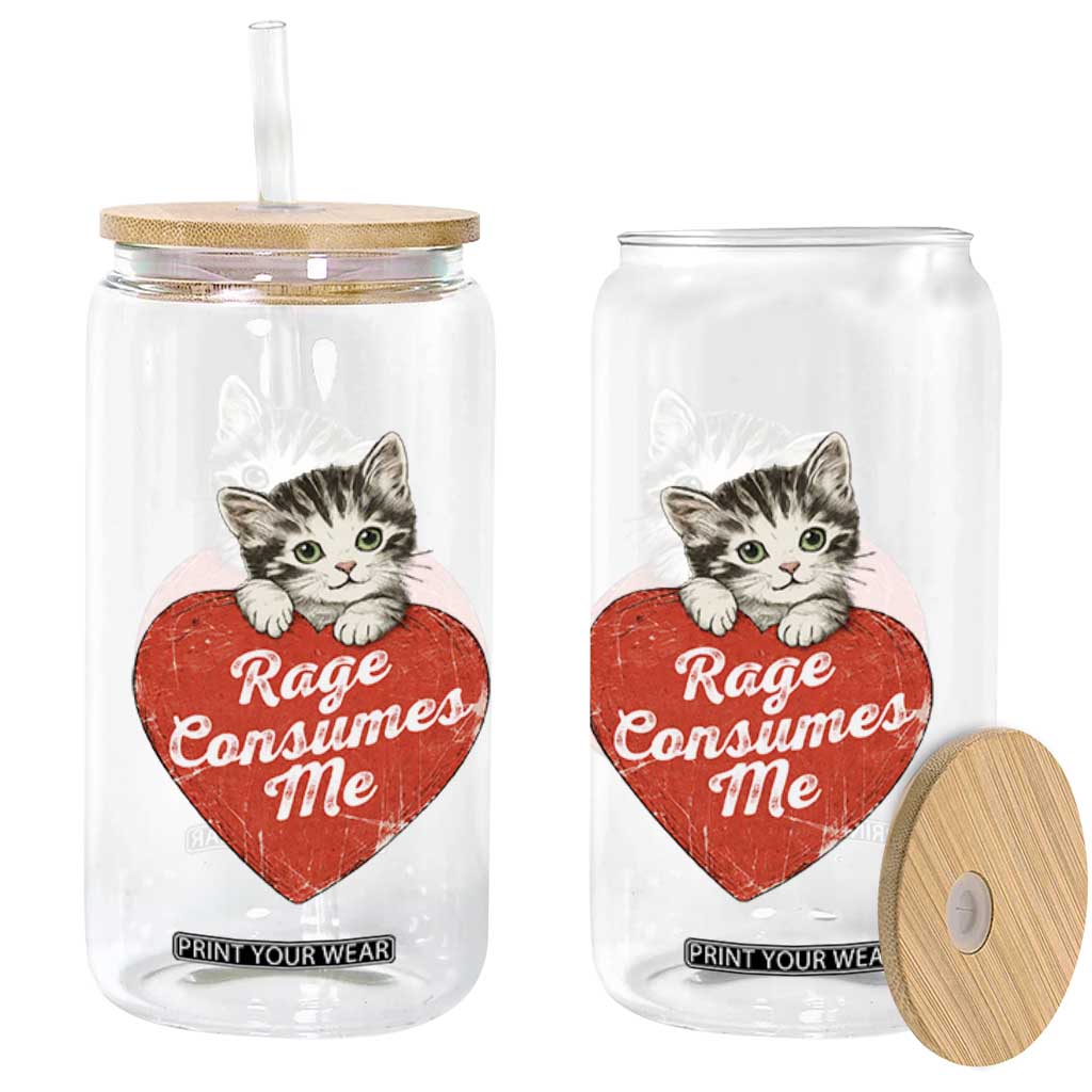 Funny Cat Rage Consumes Me Glass Can 70s Retro Kitten with Heart