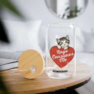 Funny Cat Rage Consumes Me Glass Can 70s Retro Kitten with Heart