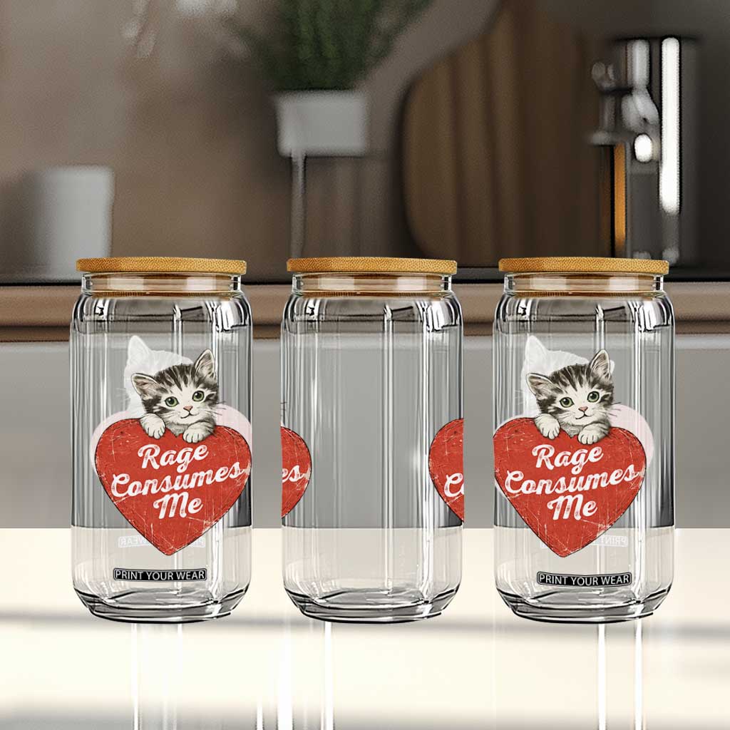 Funny Cat Rage Consumes Me Glass Can 70s Retro Kitten with Heart