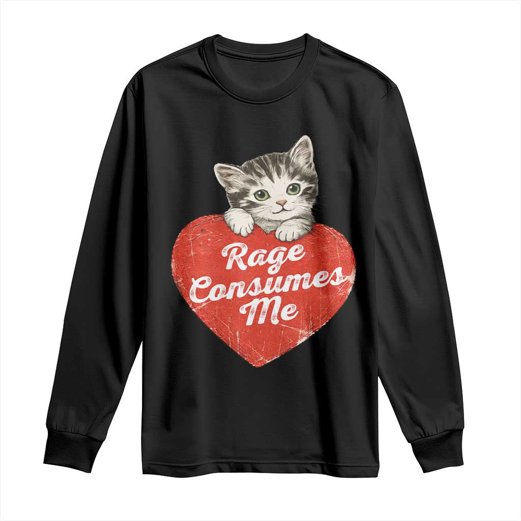 Funny Cat Rage Consumes Me Long Sleeve Shirt 70s Retro Kitten with Heart