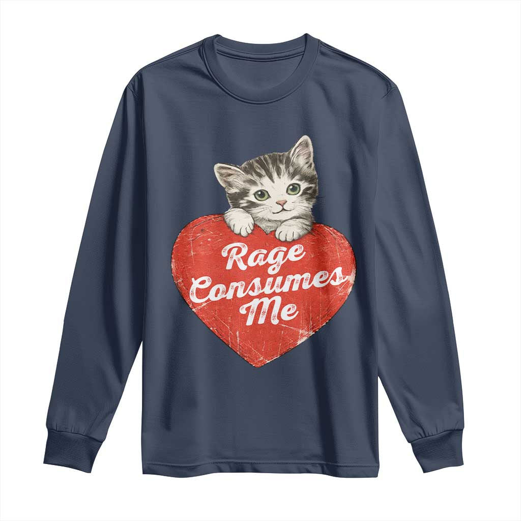Funny Cat Rage Consumes Me Long Sleeve Shirt 70s Retro Kitten with Heart