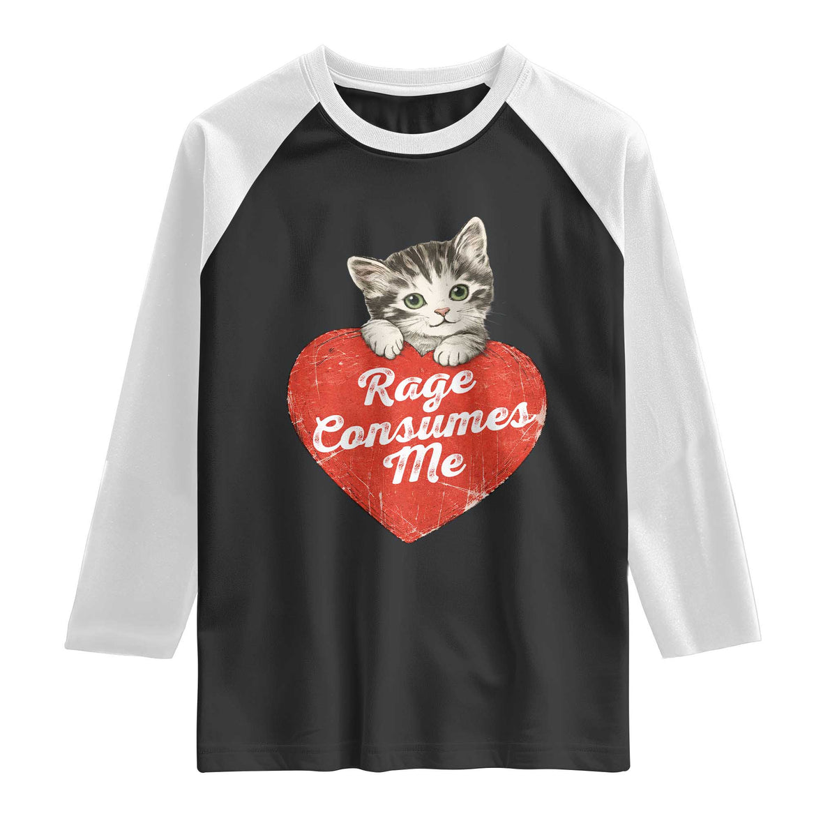 Funny Cat Rage Consumes Me Raglan Shirt 70s Retro Kitten with Heart