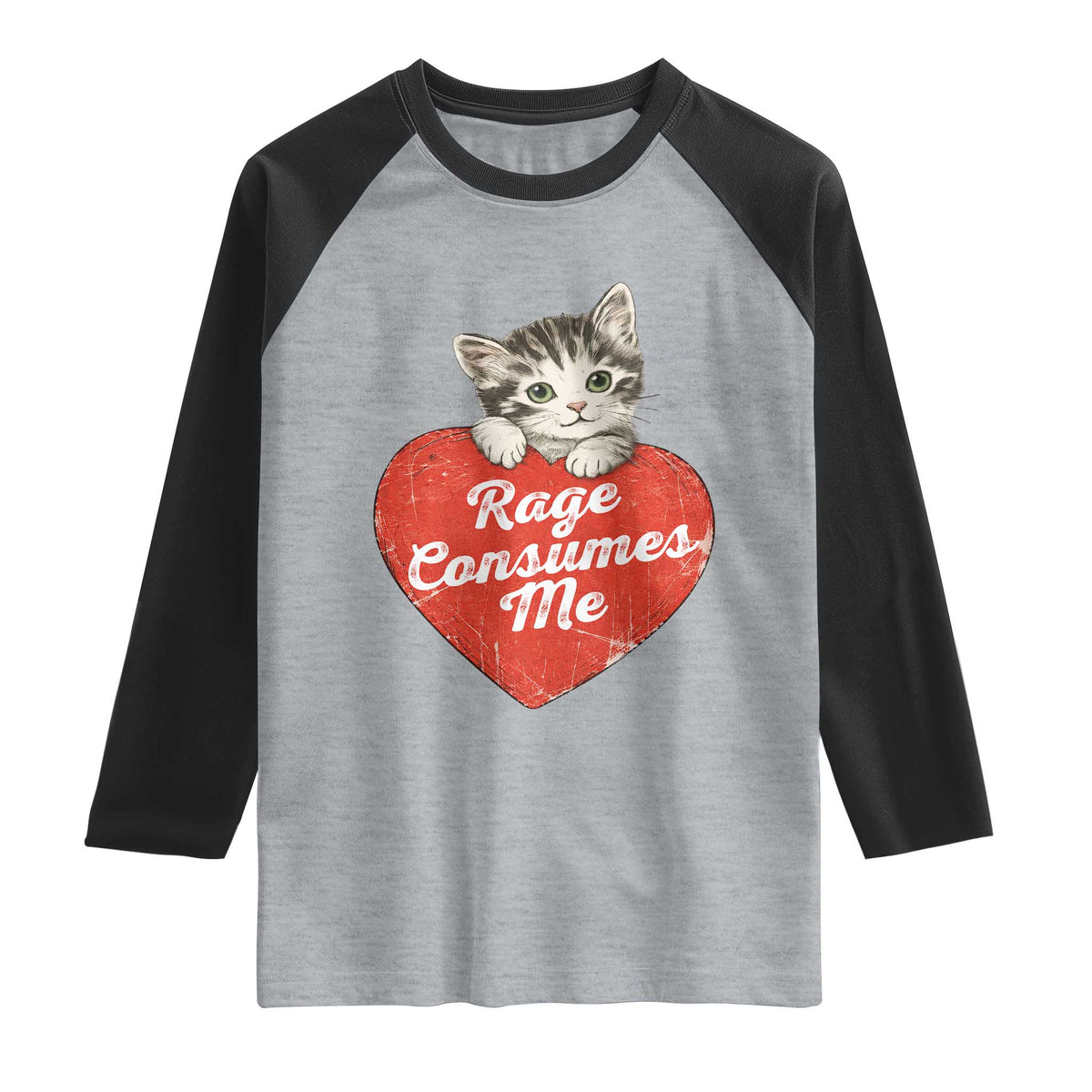 Funny Cat Rage Consumes Me Raglan Shirt 70s Retro Kitten with Heart