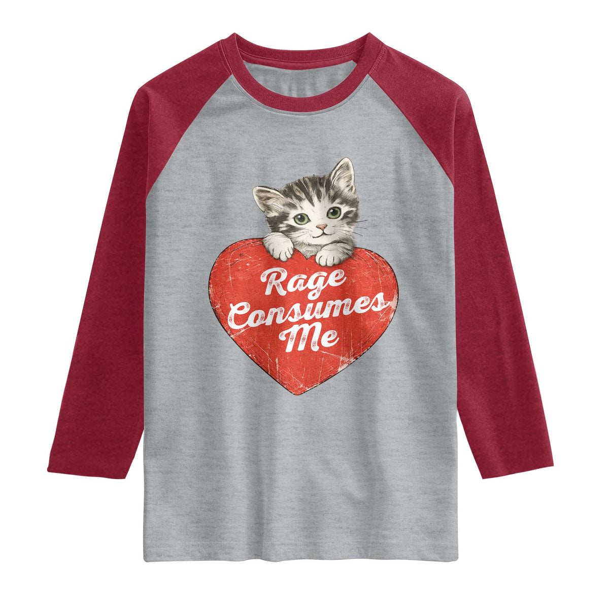 Funny Cat Rage Consumes Me Raglan Shirt 70s Retro Kitten with Heart