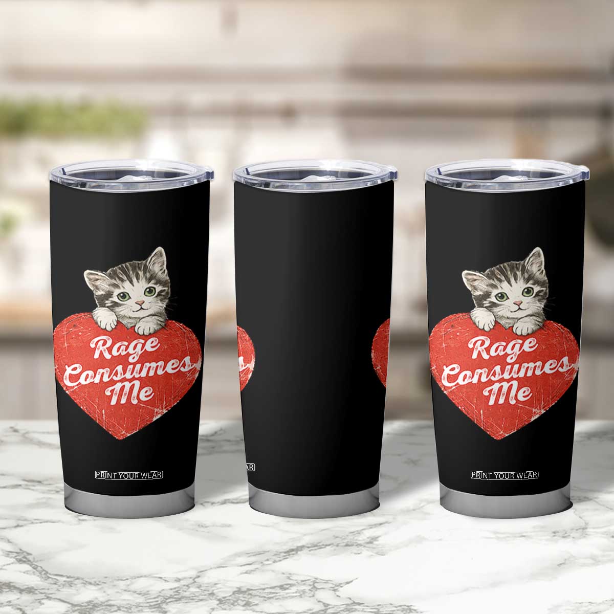 Funny Cat Rage Consumes Me Tumbler Cup 70s Retro Kitten with Heart