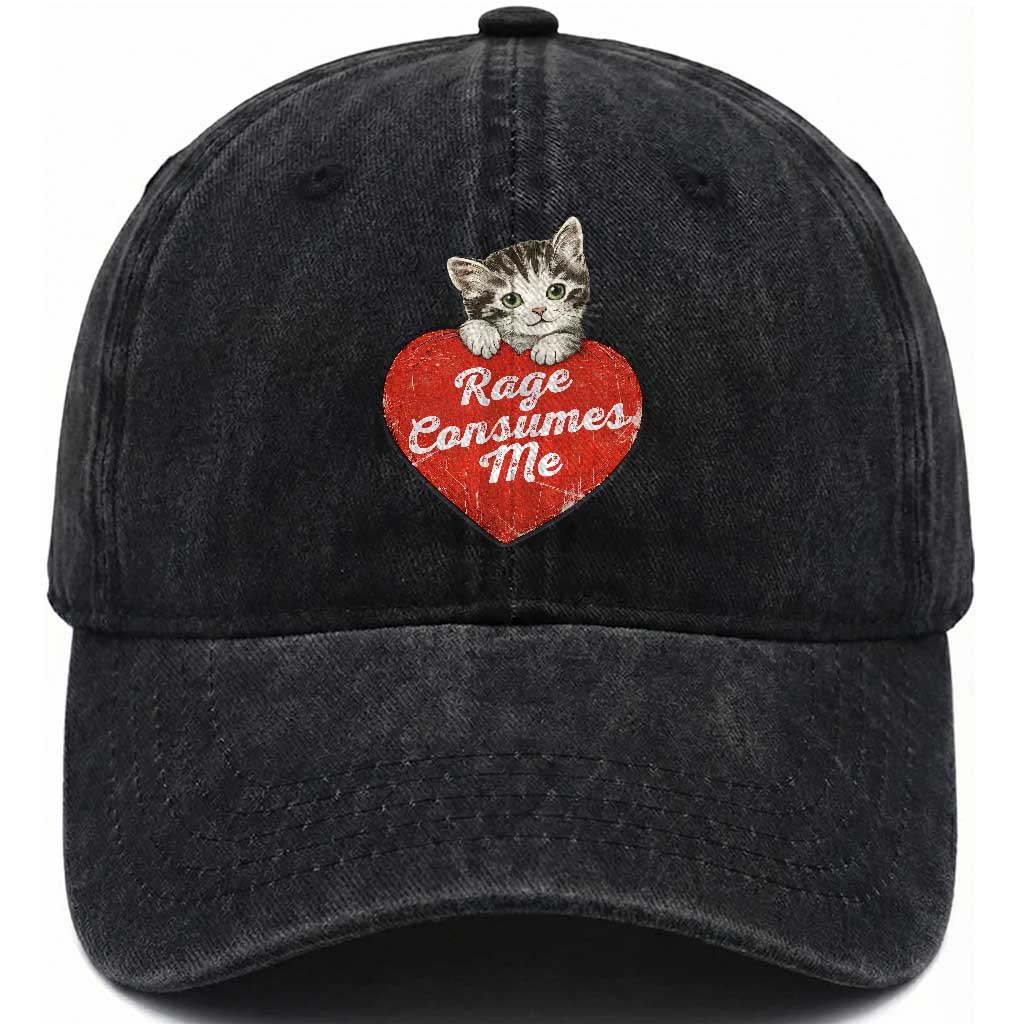 Funny Cat Rage Consumes Me Washed Cotton Baseball Cap 70s Retro Kitten with Heart