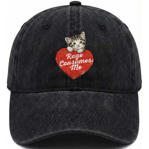 Funny Cat Rage Consumes Me Washed Cotton Baseball Cap 70s Retro Kitten with Heart
