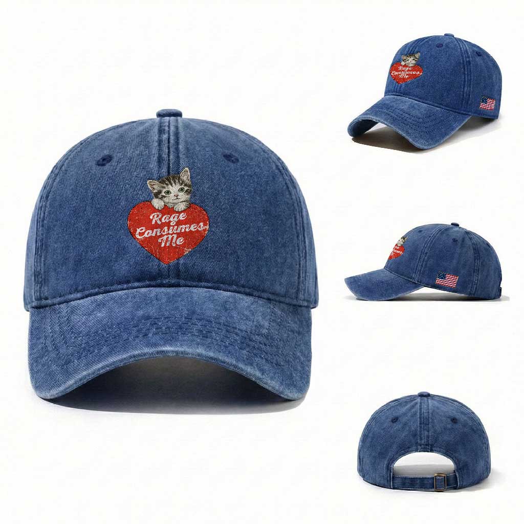 Funny Cat Rage Consumes Me Washed Cotton Baseball Cap 70s Retro Kitten with Heart