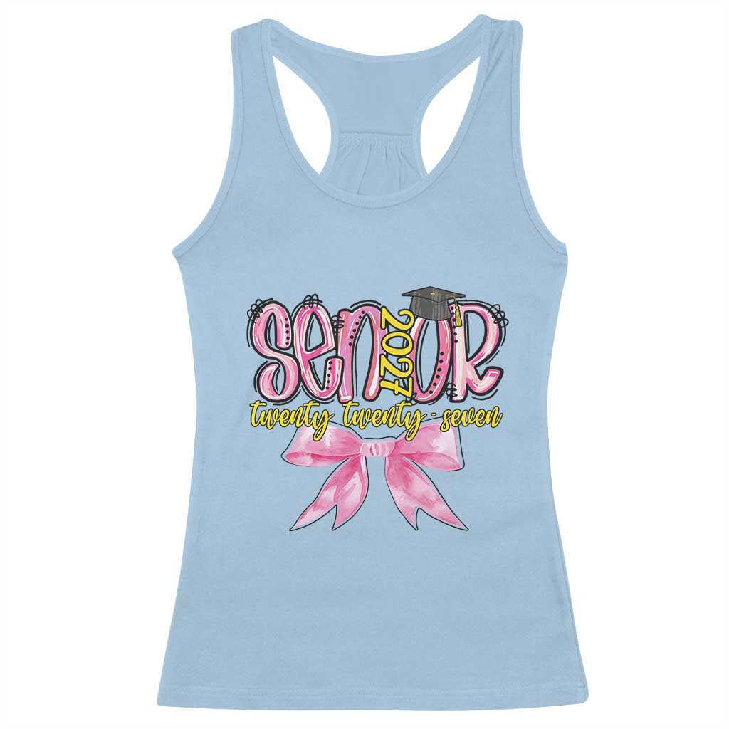 Funny Senior EST 2027 Graduation Racerback Tank Top Twenty Twenty Seven Pink Bow TS11 Light Blue Print Your Wear