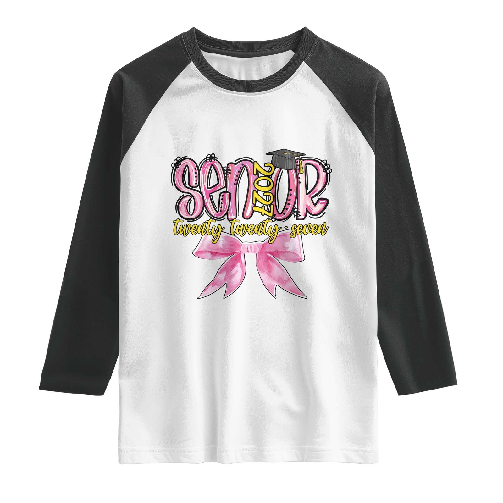 Funny Senior EST 2027 Graduation Raglan Shirt Twenty Twenty Seven Pink Bow TS11 White Black Print Your Wear