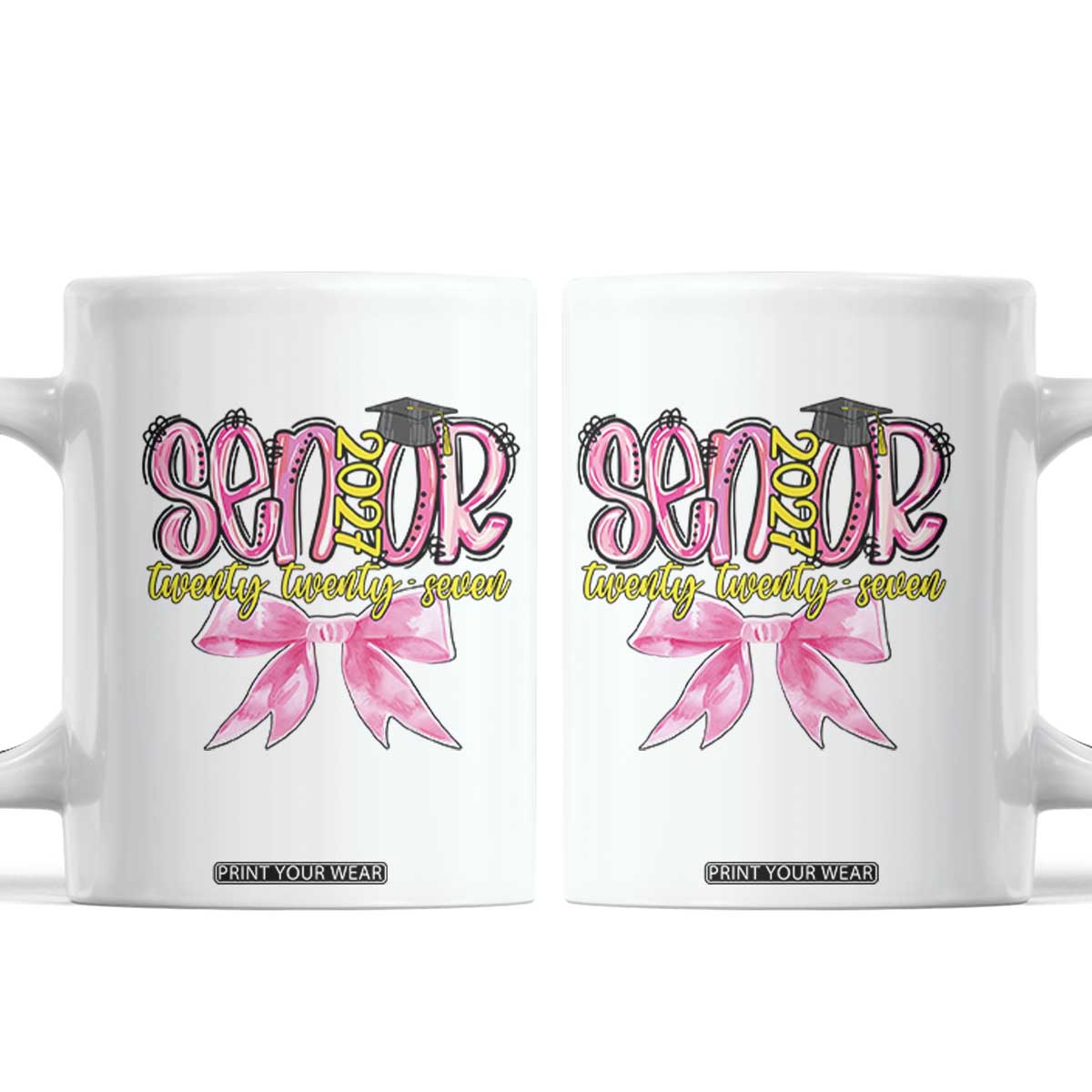 Funny Senior EST 2027 Graduation Coffee Mug Twenty Twenty Seven Pink Bow TS11 White Print Your Wear