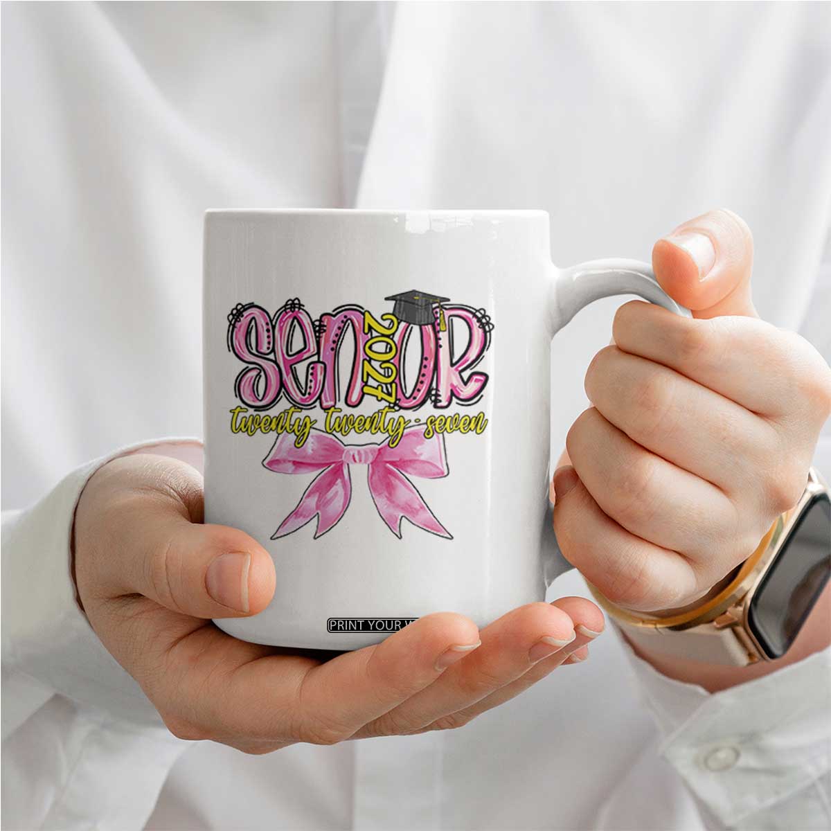 Funny Senior EST 2027 Graduation Coffee Mug Twenty Twenty Seven Pink Bow TS11 Print Your Wear