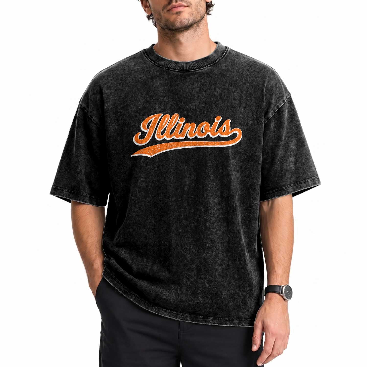 Illinois Vintage Varsity Script Classic Sports Jersey Style Washed Cotton T-Shirt