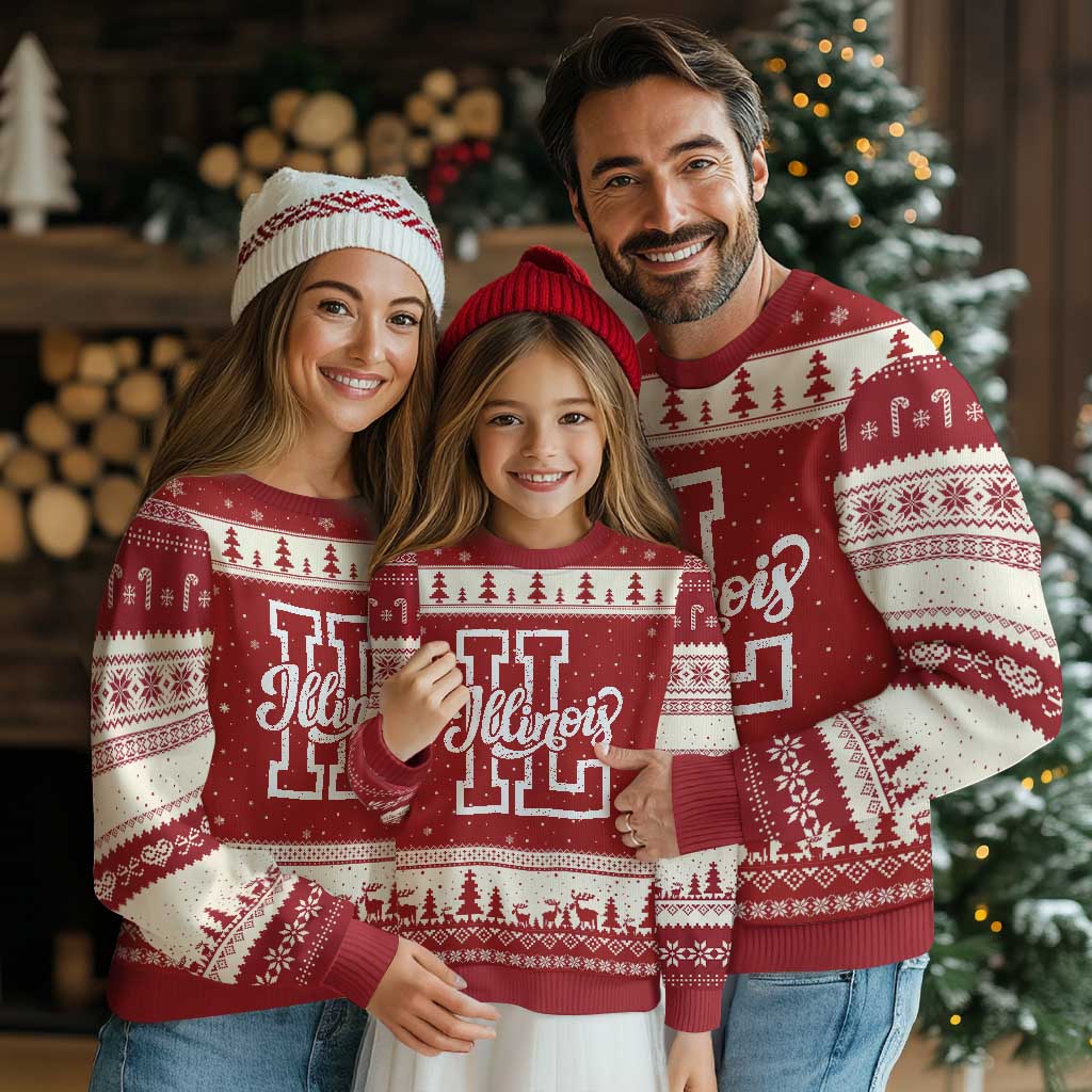 Illinois Sports Fan Ugly Christmas Sweater Varsity Aesthetic IL State Pride TS11 Red Beige Print Your Wear