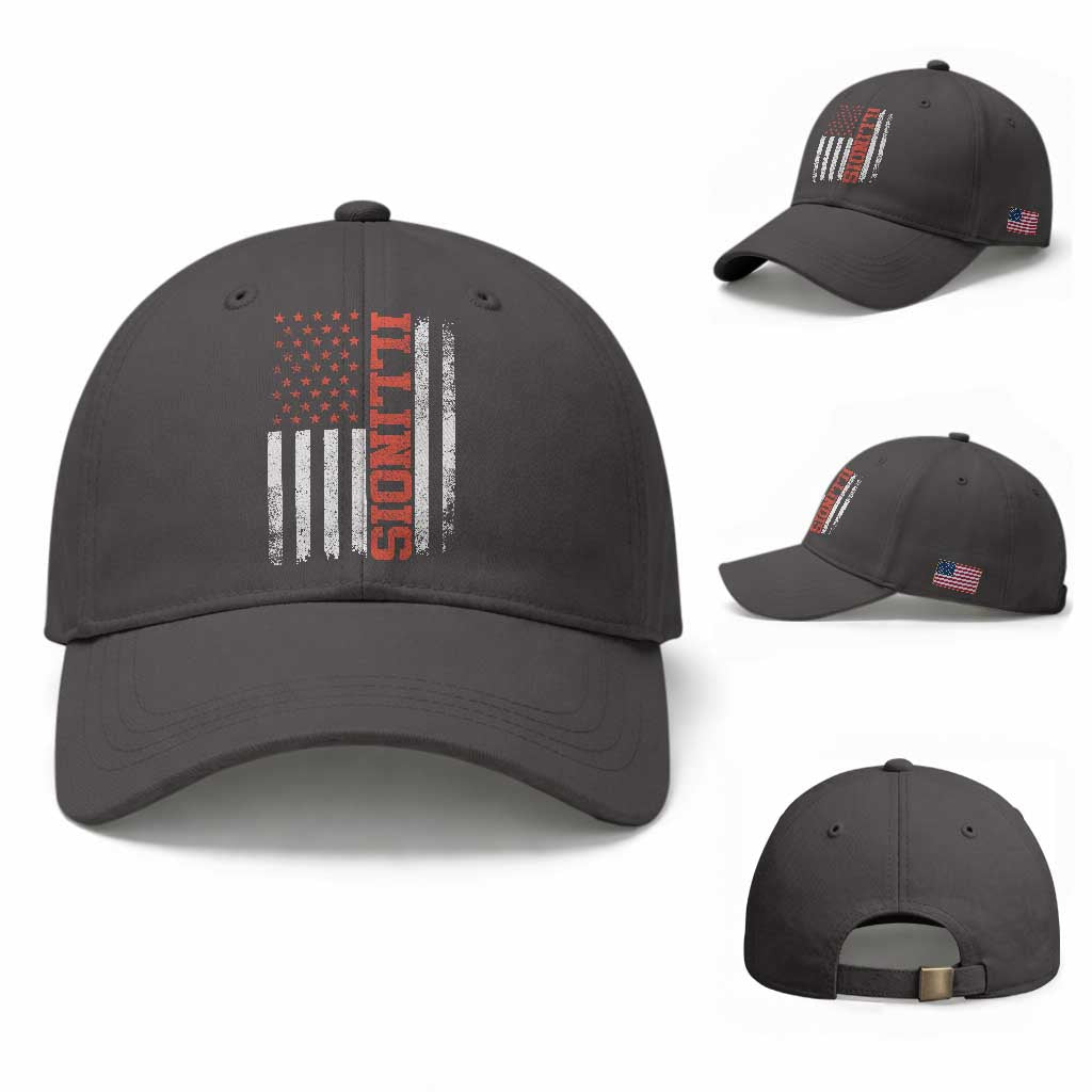 Illinois Pride Baseball Cap Vintage American Flag Distressed Varsity Aesthetic Letters IL State TS11 Baseball Cap Universal Fit Dark Gray Print Your Wear