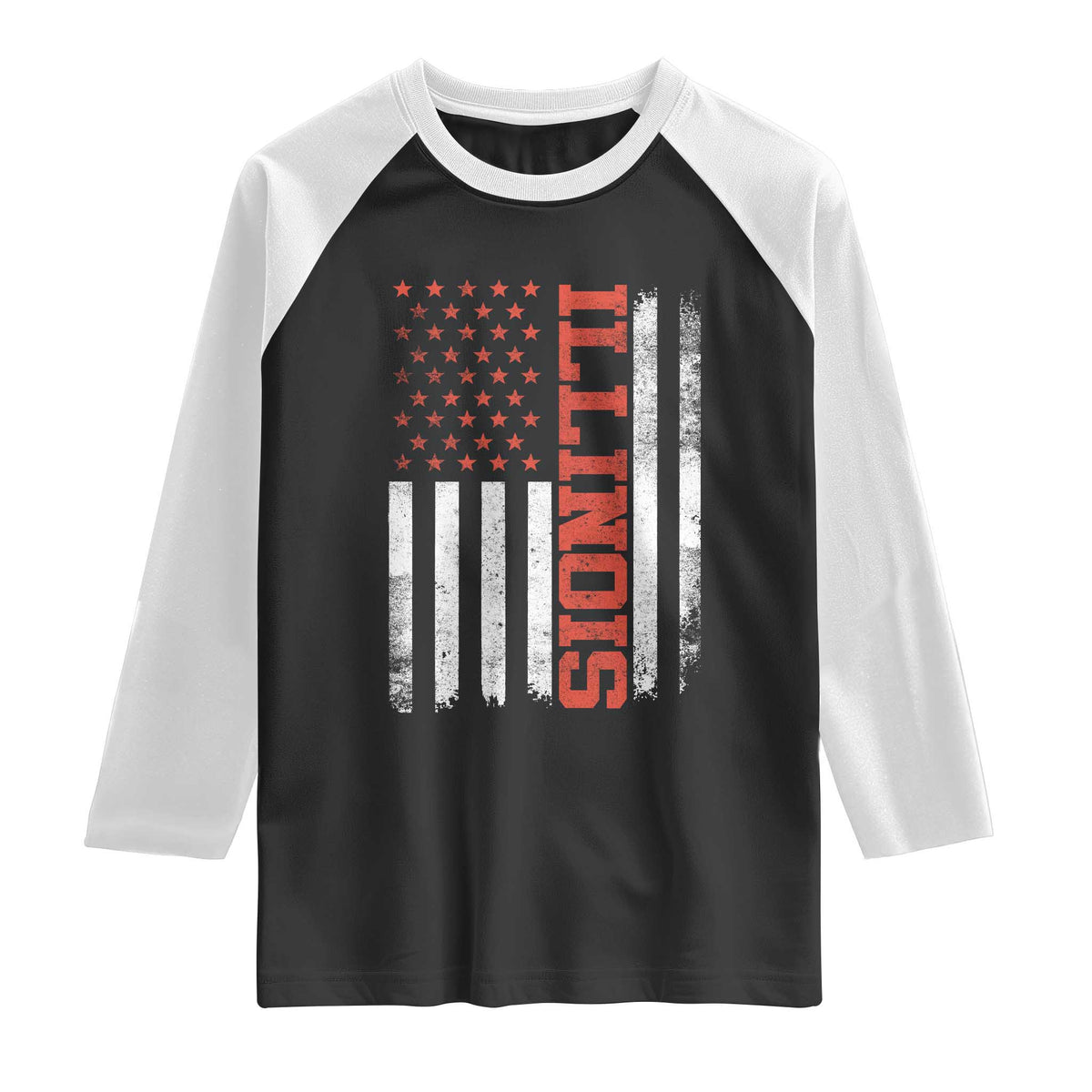 Illinois Pride Raglan Shirt Vintage American Flag Distressed Varsity Aesthetic Letters IL State TS11 Black White Print Your Wear