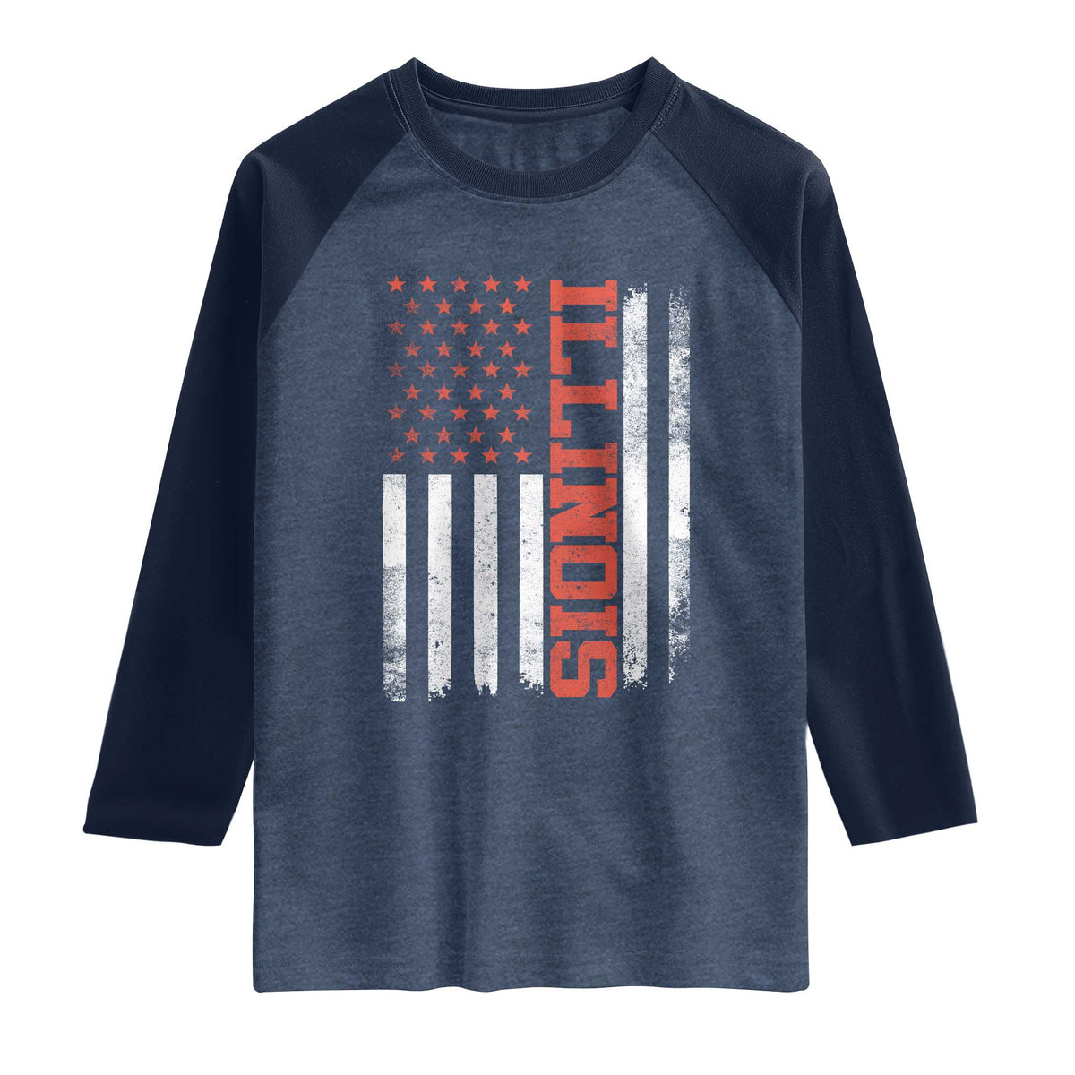 Illinois Pride Raglan Shirt Vintage American Flag Distressed Varsity Aesthetic Letters IL State TS11 Heather Denim Navy Print Your Wear