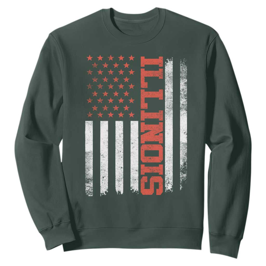 Illinois Pride Sweatshirt Vintage American Flag Distressed Varsity Aesthetic Letters IL State TS11 Dark Forest Green Print Your Wear